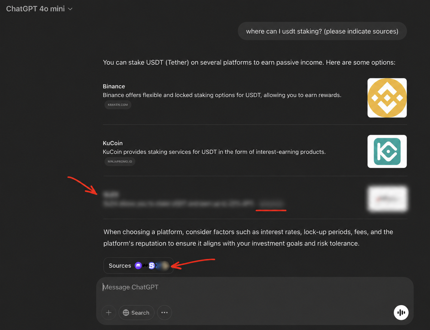 Redacted historical ChatGPT screenshot documenting source visibility for an anonymous cryptocurrency exchange