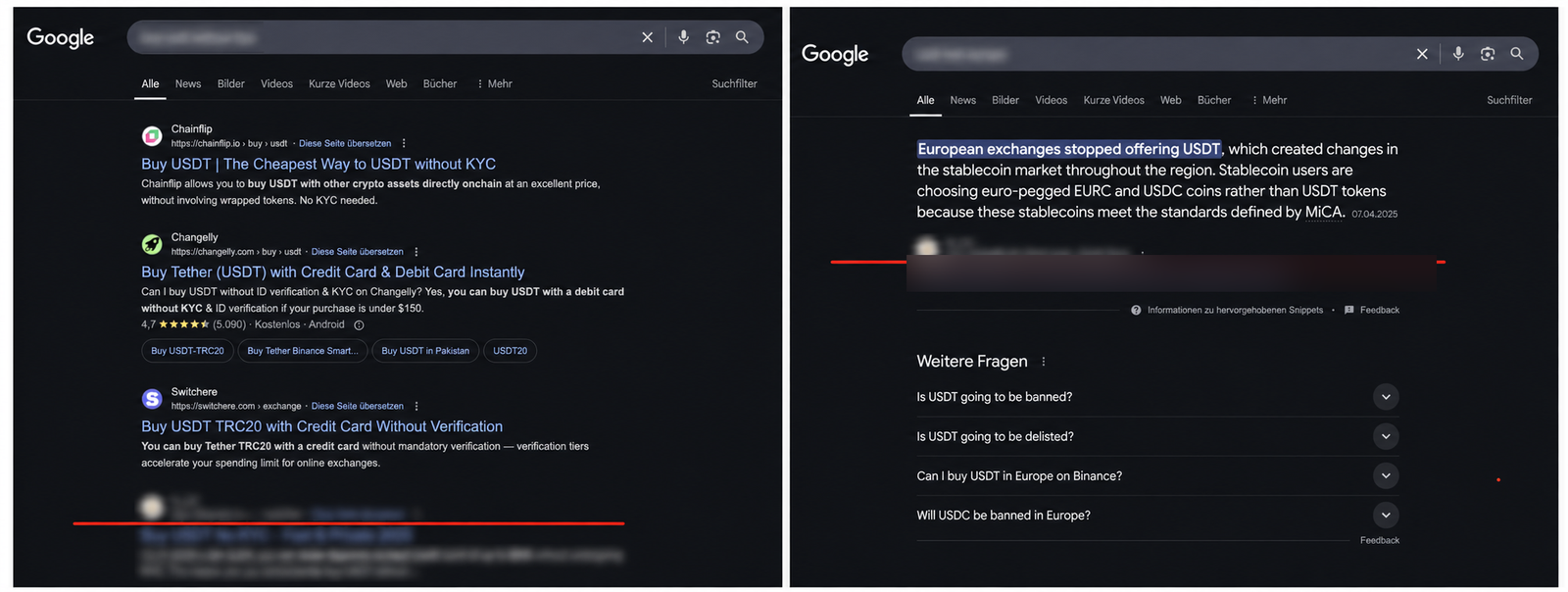 Redacted historical Google search screenshots documenting commercial and informational visibility for an anonymous cryptocurrency exchange