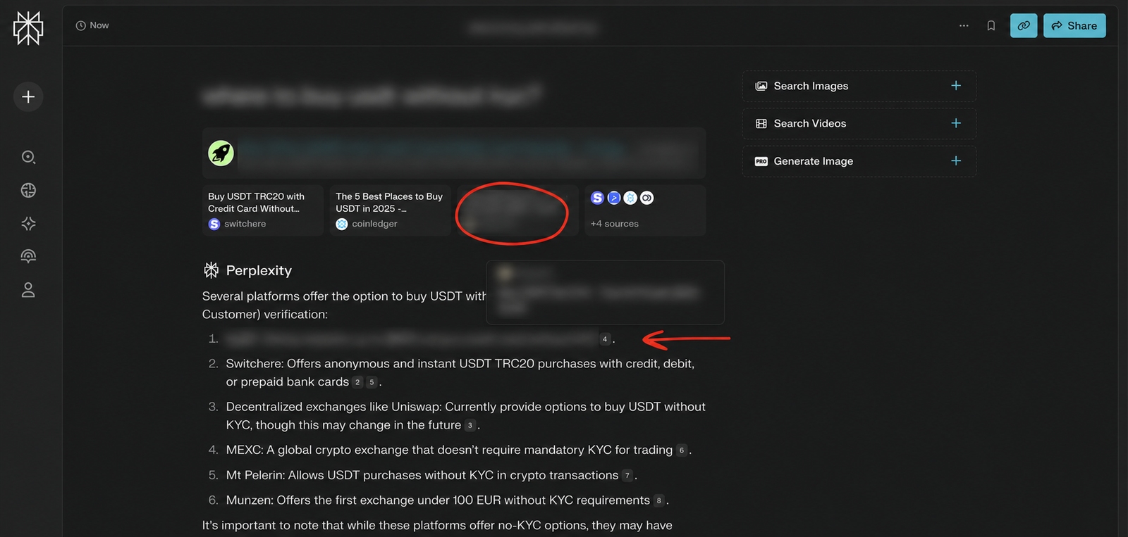 Redacted historical Perplexity screenshot showing a source citation for an anonymous cryptocurrency exchange